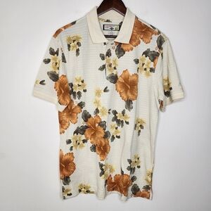 Caribbean Joe Mens Cream Tropical Resortwear Collared Pullover Shirt Small Aloha